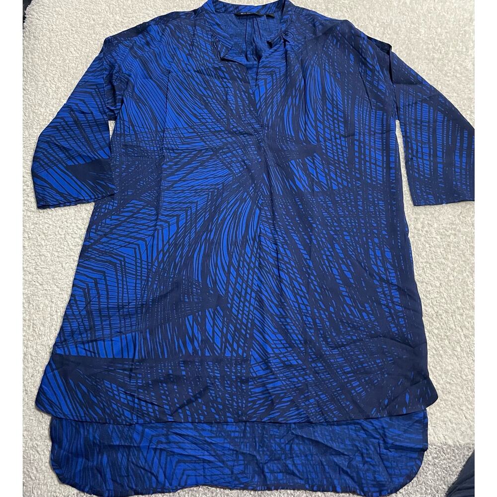 H by Halston Womens Size 10 Rayon Split Neck High Low Hem Tunic Top Blue Pattern